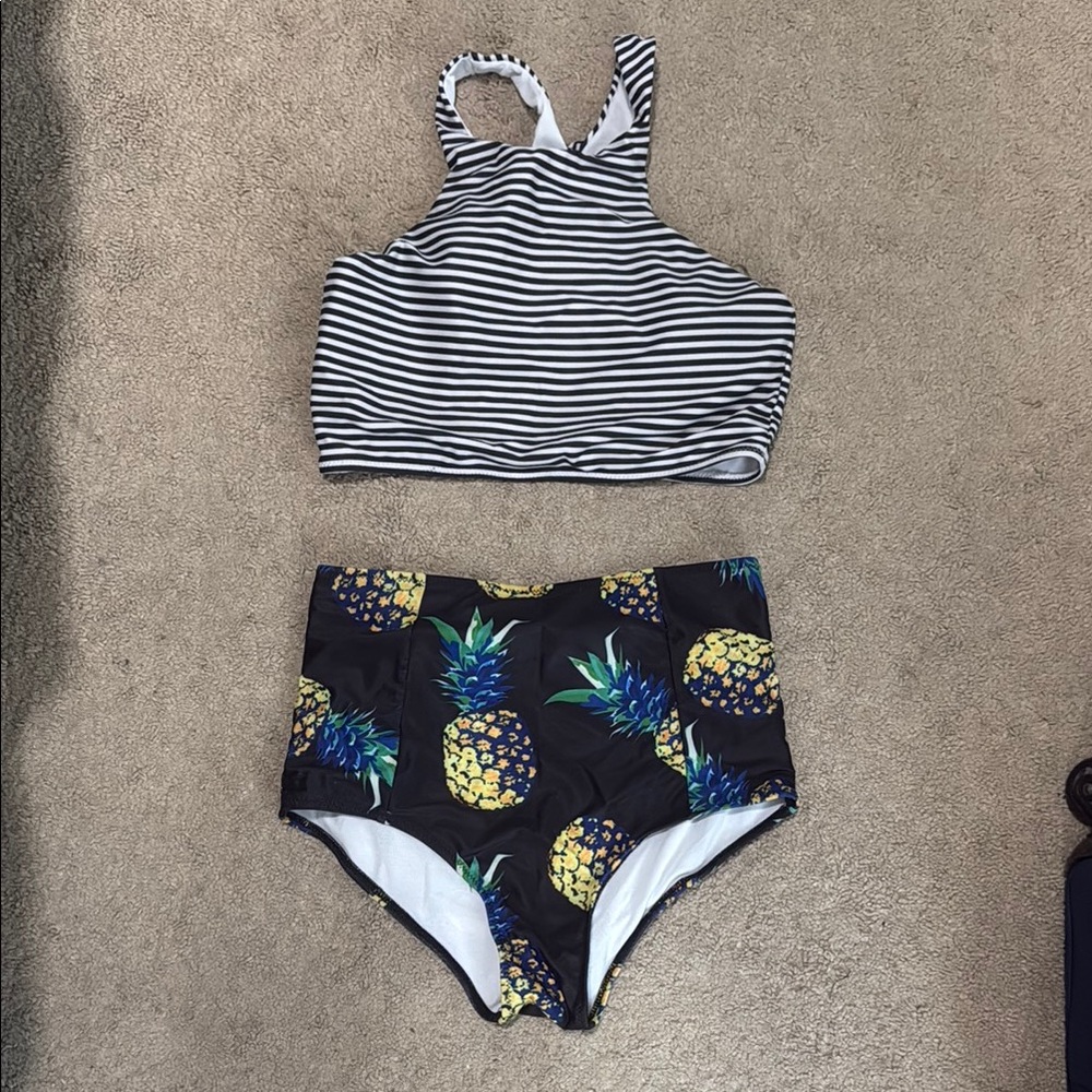Striped Top and Pineapple Print Bikini Set